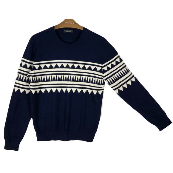 NWOT BLOOMINGDALES Sweater Men L Cashmere Navy White Aztec Geo-Print